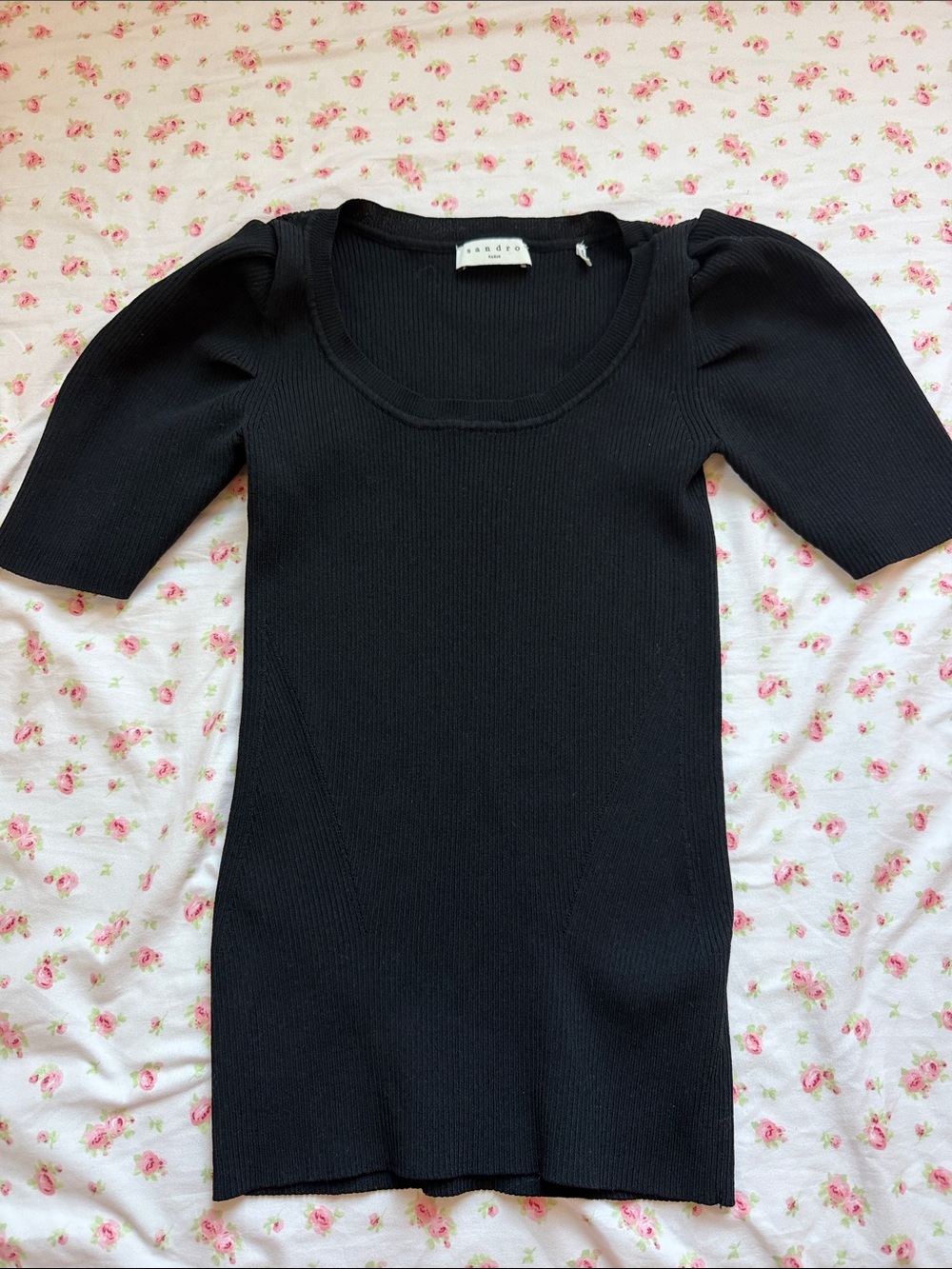 Unknown Brand Black Ribbed Short Sleeve Scoop Neck Top